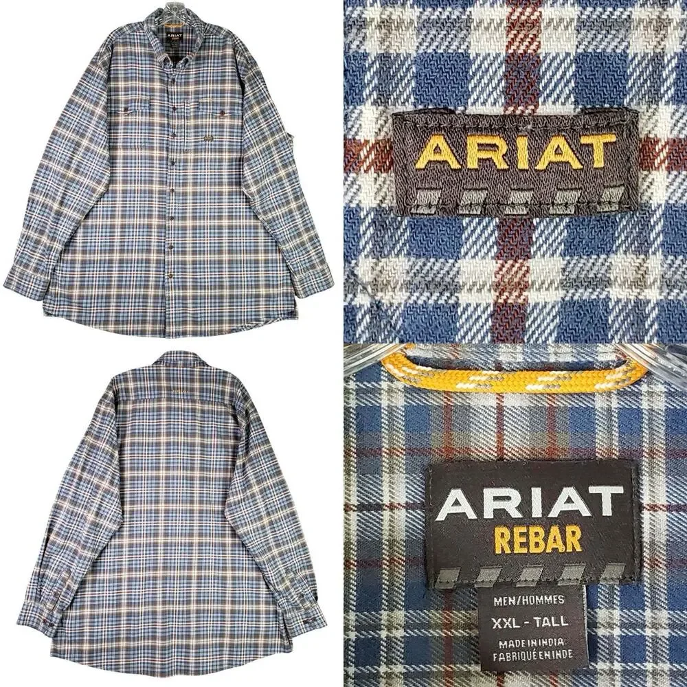 Ariat Rebar Shirt Men’s Size XXLT Tall Blue Plaid Long Sleeve Button Down